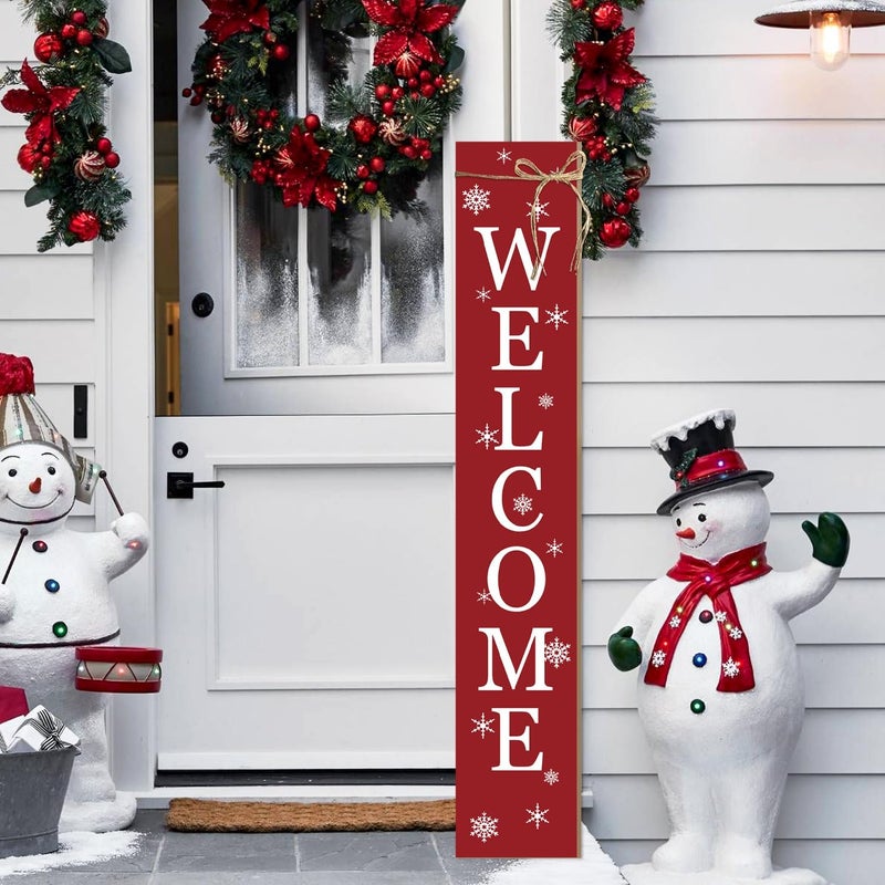 Seimip Christmas Porch Sign Welcome Sign For Front Porch Snowflake Red Home Decor Indoor Outdoor Wintern Wooden Vertical Sign For Patio Front Door Porch Wall Yard Outdoor - Image 1
